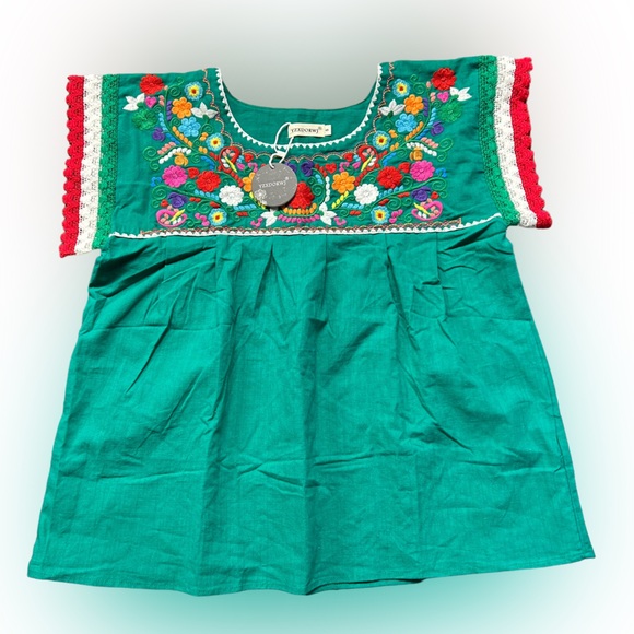 YZXDORWJ Mexican Embroidered Lace Traditional Colorful Blouse Tricolor Top NWT - Picture 5 of 10
